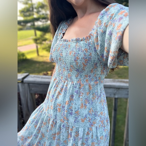 Floral Blue and Orange Smocked Midi Chiffon Dress - Picture 3 of 8